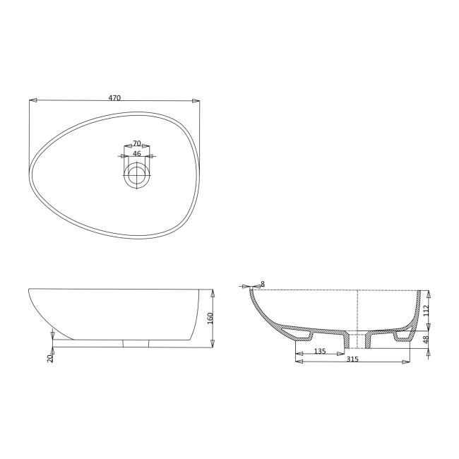 Britton Pebble Gloss White Countertop Basin 470mm x 350mm  | Dimension Image