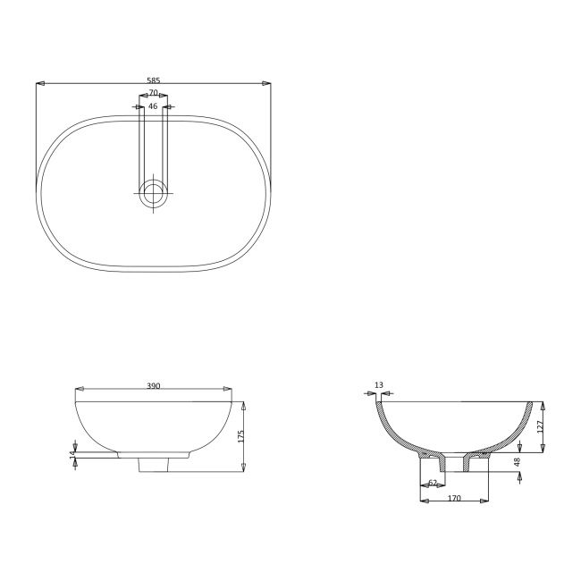 Britton Pool Gloss White Countertop Basin 585mm x 390mm  | Dimension Image