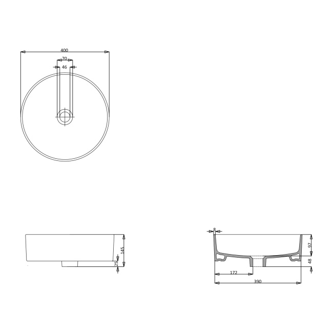 Britton Round Gloss White Countertop Basin 400mm  | Dimension Image