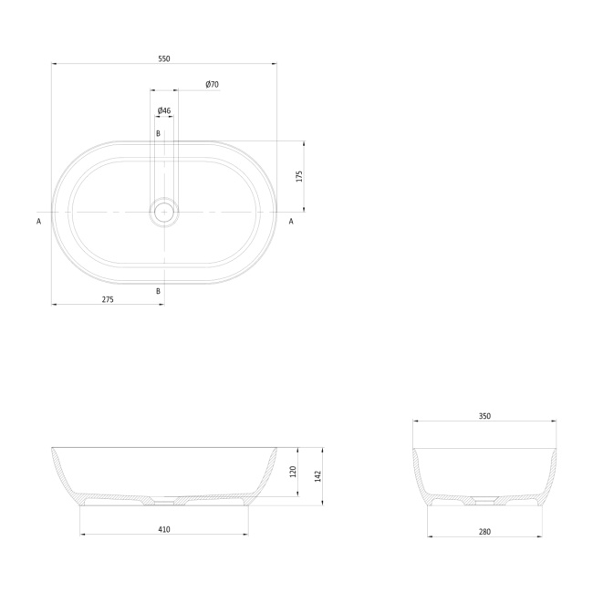Britton ClearStone Formoso Bacino Gloss White Countertop Basin 550mm x 350mm  | Dimension Image