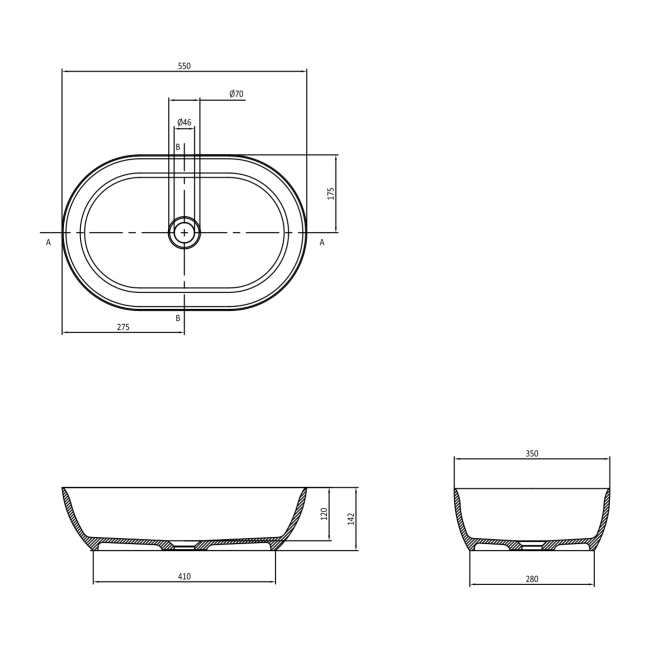 Britton ClearStone Formoso Bacino Matt White Countertop Basin 550mm x 350mm  | Dimension Image