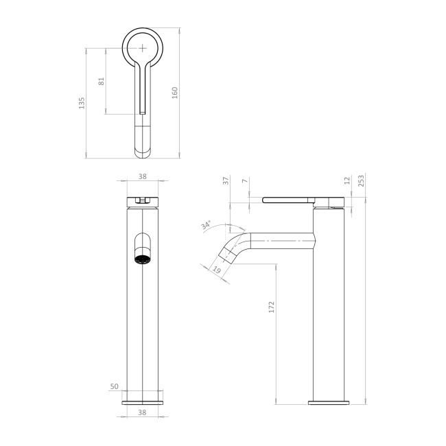 Britton Hoxton 2.0 Chrome Tall Mono Basin Mixer Tap  | Dimension Image