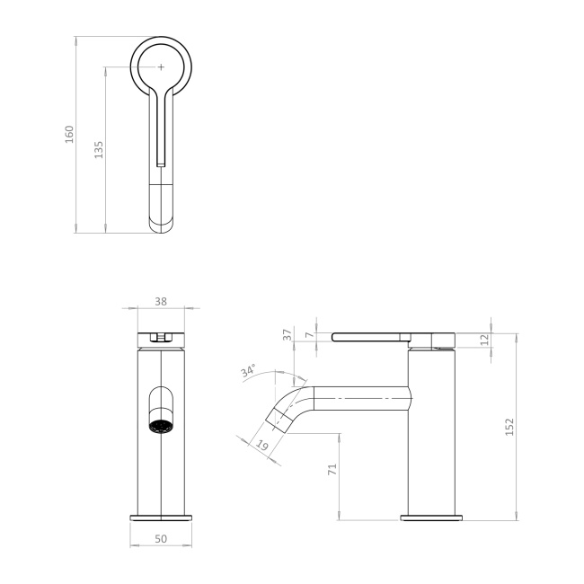 Britton Hoxton 2.0 Brushed Brass Mono Basin Mixer Tap  | Dimension Image