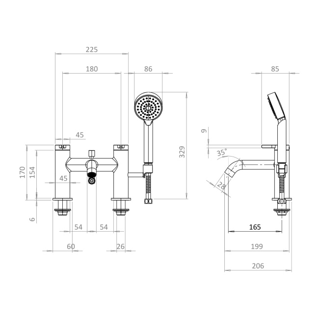 Britton Hoxton 2.0 Brushed Brass 2 Tap Hole Bath Shower Mixer Tap with Handset  | Dimension Image