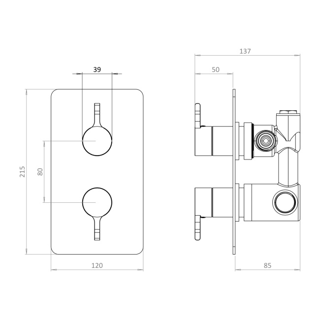 Britton Hoxton 2.0 Brushed Brass Dual Outlet Concealed Thermostatic Shower Valve with Diverter  | Dimension Image