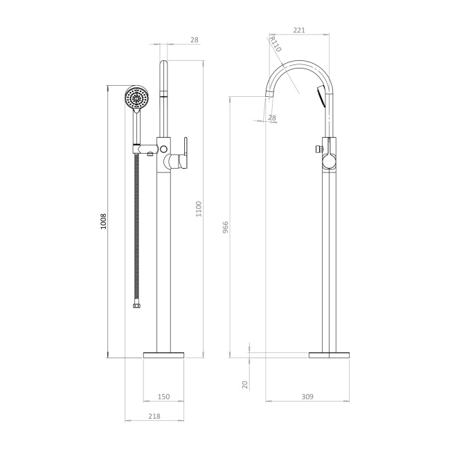 Britton Hoxton 2.0 Chrome Floor Standing Bath Shower Mixer Tap with Handset  | Dimension Image
