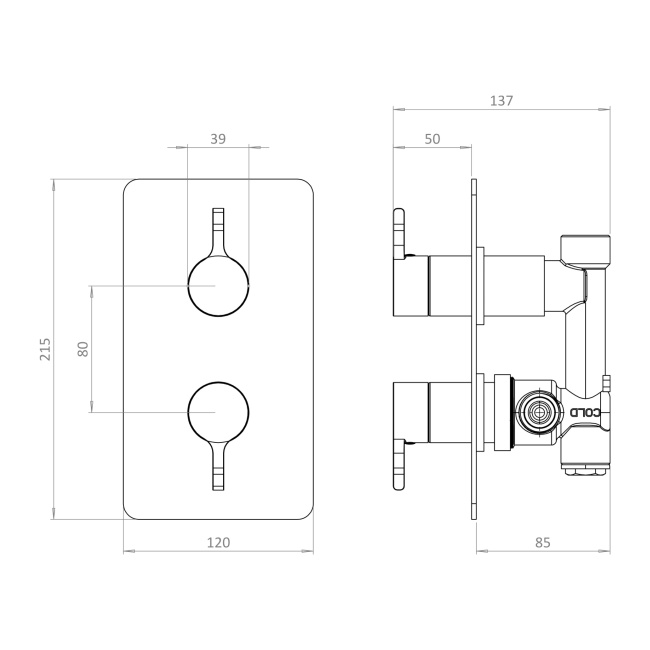 Britton Hoxton 2.0 Matt Black Single Outlet Concealed Thermostatic Shower Valve  | Dimension Image