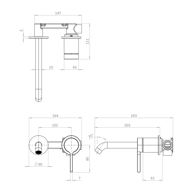 Britton Hoxton 2.0 Chrome Wall Mounted 2-Hole Basin Mixer Tap  | Dimension Image
