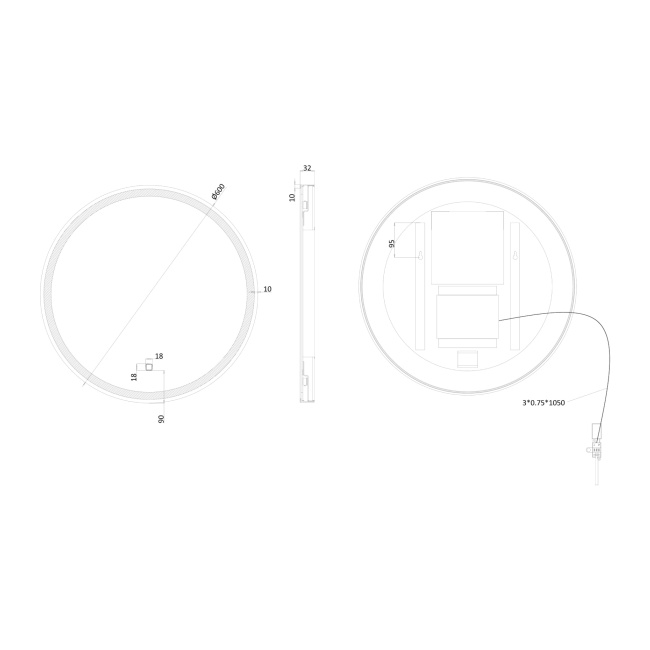 Britton Hoxton 2.0 Matt Black Framed Round LED Bathroom Mirror with Demister 600mm Diameter  | Dimension Image