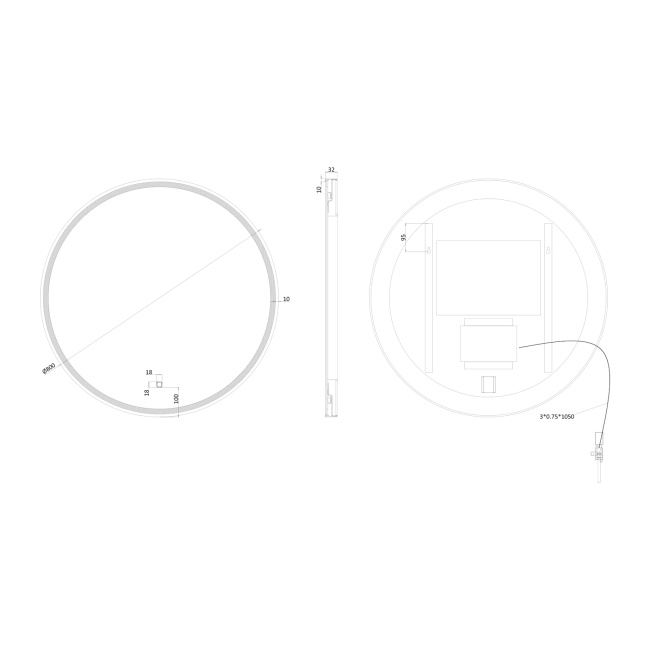 Britton Hoxton 2.0 Matt Black Framed Round LED Bathroom Mirror with Demister 800mm Diameter  | Dimension Image