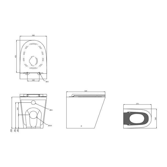 Britton Hoxton Round Rimless Back to Wall Toilet (inc Soft Close Seat)  | Dimension Image