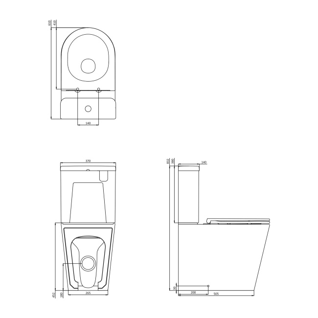 Britton Hoxton Round Rimless Fully Back to Wall Close Coupled Toilet (inc Soft Close Seat)  | Dimension Image