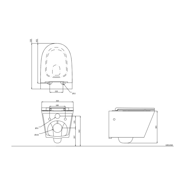 Britton Hoxton Round Rimless Wall Hung Toilet (inc Soft Close Seat)  | Dimension Image