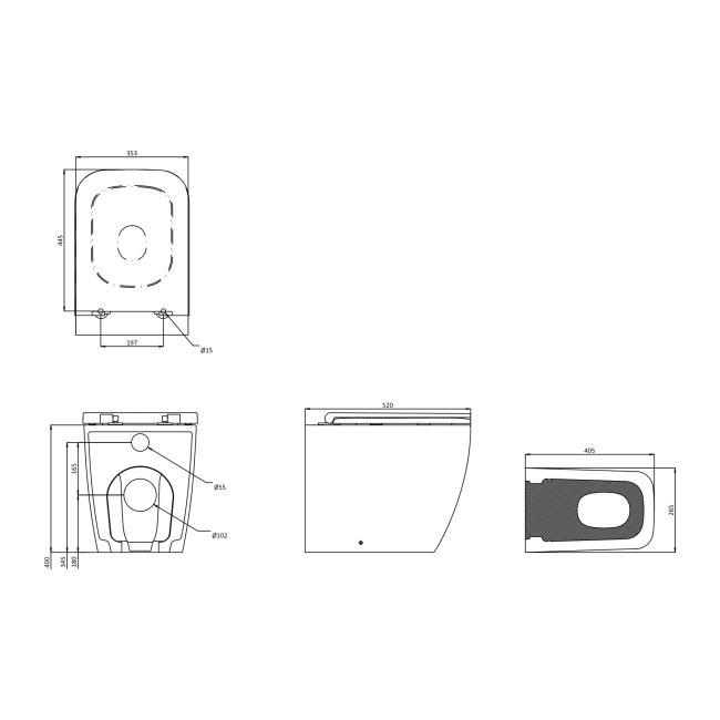 Britton Hoxton Square Rimless Back to Wall Toilet (inc Soft Close Seat)  | Dimension Image
