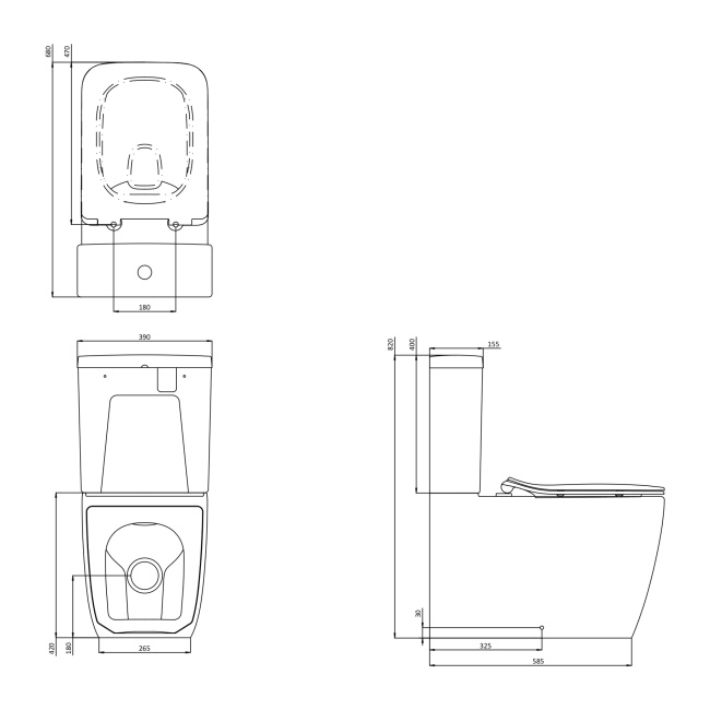 Britton Hoxton Square Rimless Fully Back to Wall Close Coupled Toilet (inc Soft Close Seat)  | Dimension Image