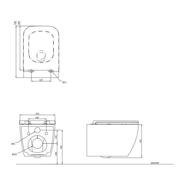 Britton Hoxton Square Rimless Wall Hung Toilet (inc Soft Close Seat)  | Dimension Image