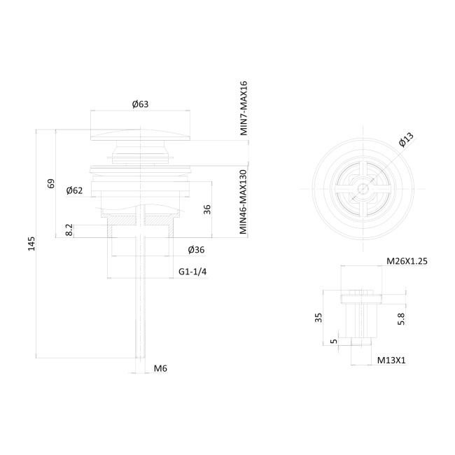 Britton Universal Press Top Basin Waste (Low Profile) Matt Black  | Dimension Image