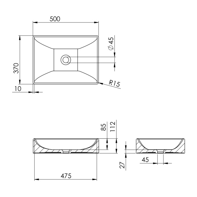 Britton Shoreditch Quad Gloss White Countertop Basin 500mm x 380mm  | Dimension Image