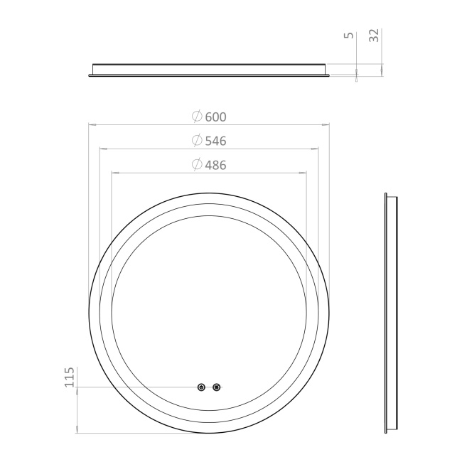 Britton Shoreditch Frameless Round LED Bathroom Mirror with Demister 600mm Diameter  | Dimension Image