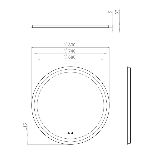 Britton Shoreditch Frameless Round LED Bathroom Mirror with Demister 800mm Diameter  | Dimension Image