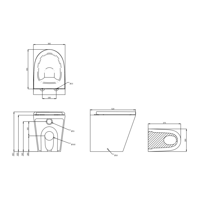 Britton Sphere Rimless Back to Wall Toilet (inc Soft Close Seat)  | Dimension Image