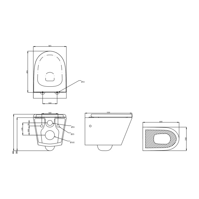 Britton Sphere Rimless Wall Hung Toilet (inc Soft Close Seat)  | Dimension Image
