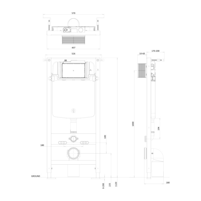 Britton Slim Depth Wall Hung Toilet Frame 1.12m with Dual Flush Concealed Cistern  | Dimension Image