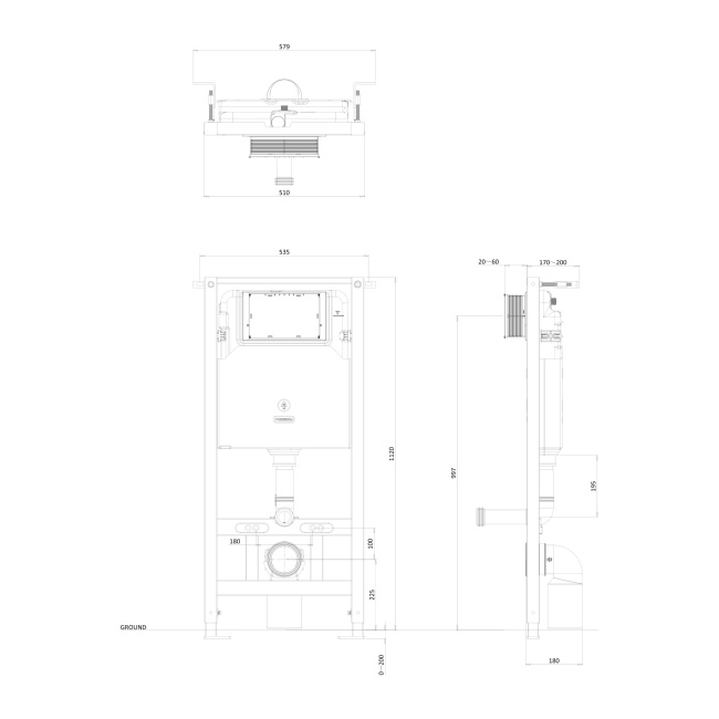 Britton Wall Hung Toilet Frame 1.12m with Dual Flush Concealed Cistern  | Dimension Image
