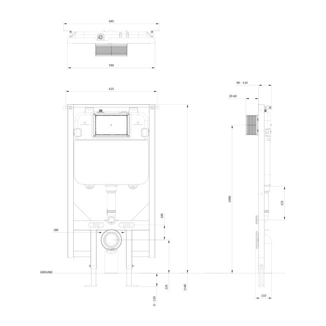 Britton Slim Depth Wall Hung Toilet Frame 1.14m with Dual Flush Concealed Cistern  | Dimension Image