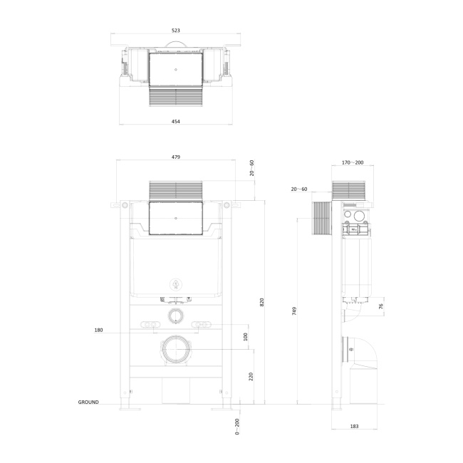 Britton Wall Hung Toilet Frame 0.82m with Dual Flush Concealed Cistern  | Dimension Image