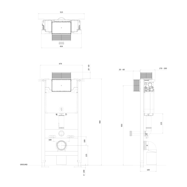 Britton Wall Hung Toilet Frame 0.98m with Dual Flush Concealed Cistern  | Dimension Image