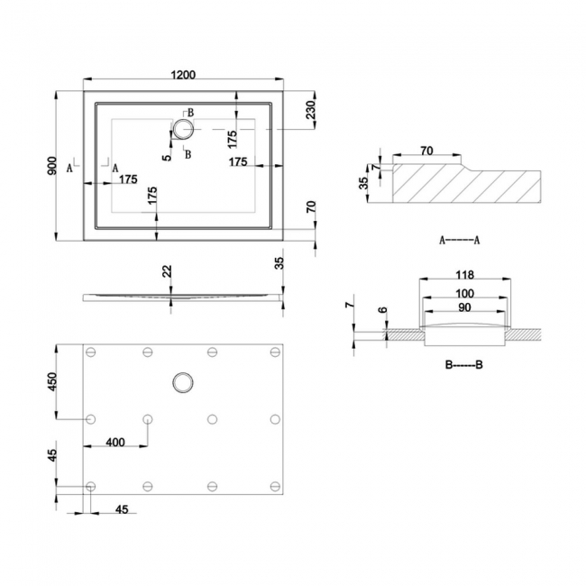 Britton Zamori Anti-Slip Rectangular Shower Tray 1200mm x 800mm  | Dimension Image