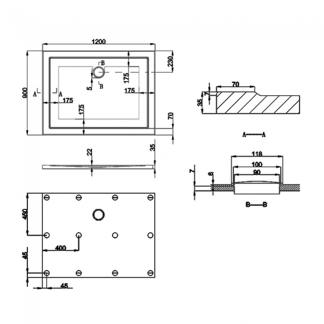 Britton Zamori Anti-Slip Rectangular Shower Tray 1200mm x 900mm  | Dimension Image