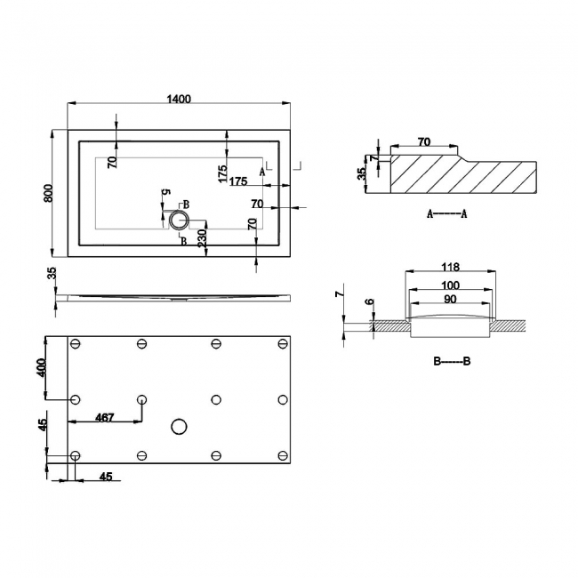 Britton Zamori Anti-Slip Rectangular Shower Tray 1400mm x 800mm  | Dimension Image