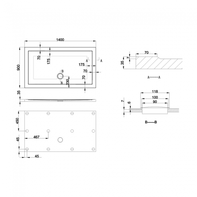 Britton Zamori Anti-Slip Rectangular Shower Tray 1400mm x 900mm  | Dimension Image