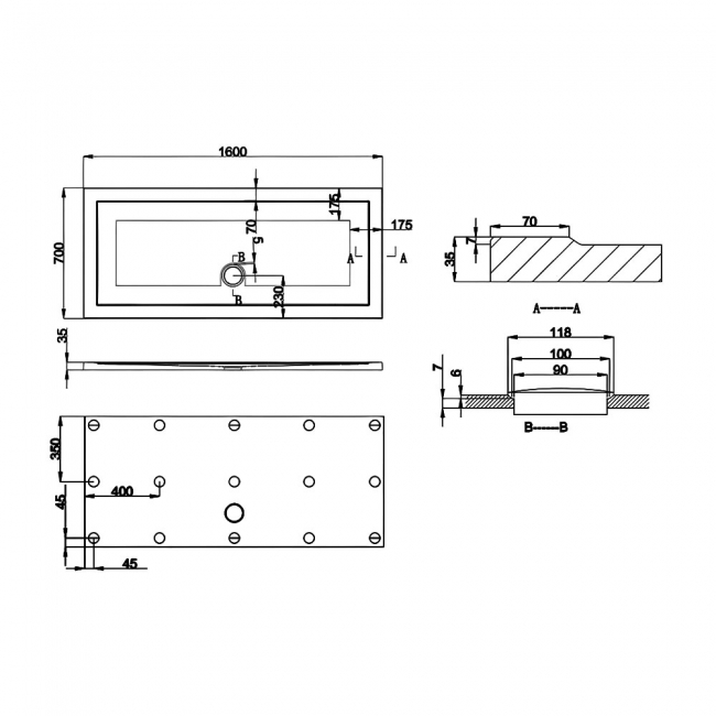 Britton Zamori Anti-Slip Rectangular Shower Tray 1600mm x 700mm  | Dimension Image
