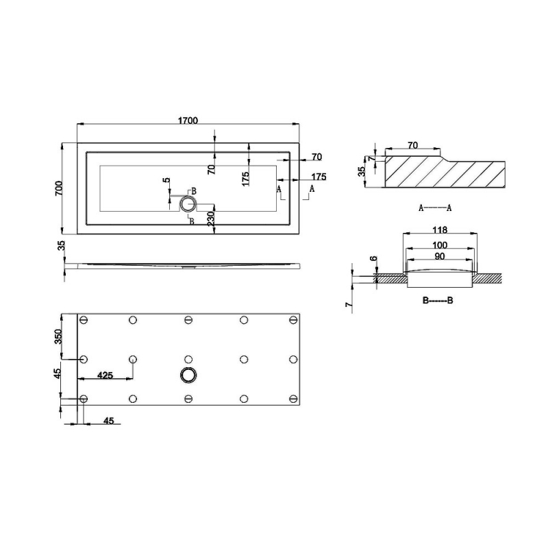 Britton Zamori Anti-Slip Rectangular Shower Tray 1700mm x 700mm  | Dimension Image