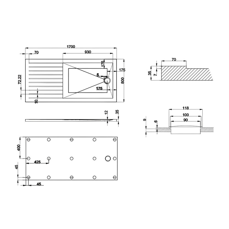 Britton Zamori Anti-Slip Rectangular Shower Tray 1700mm x 800mm  | Dimension Image