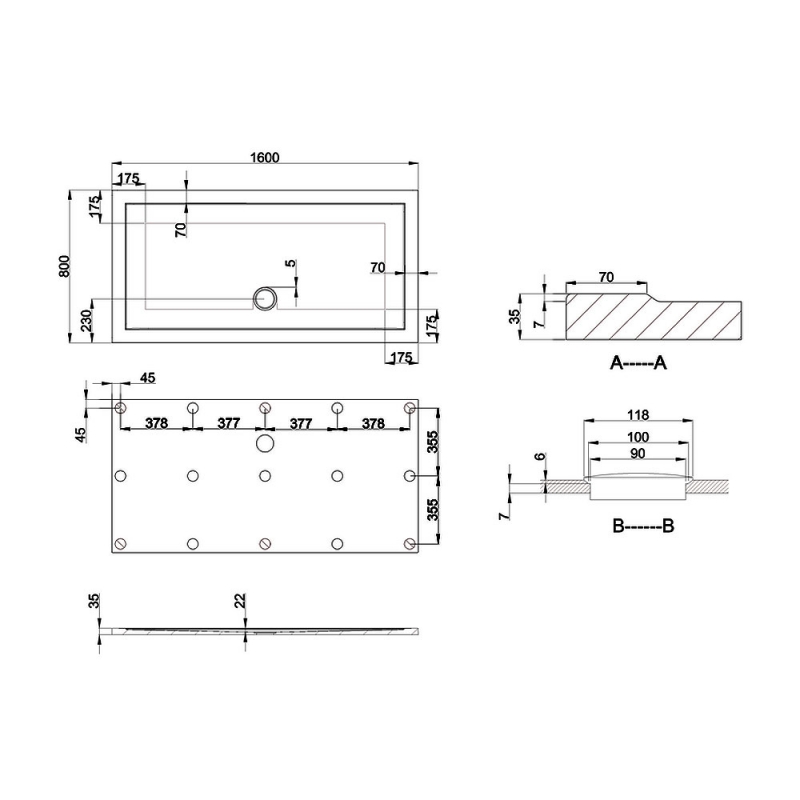 Britton Zamori Anti-Slip Rectangular Shower Tray 1600mm x 800mm  | Dimension Image