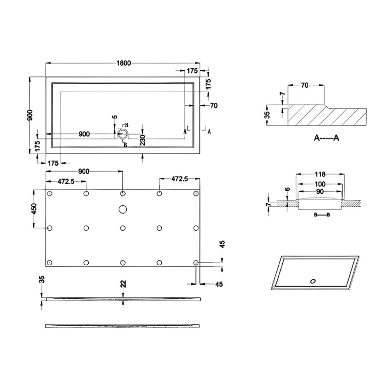 Britton Zamori Anti-Slip Rectangular Shower Tray 1800mm x 900mm  | Dimension Image