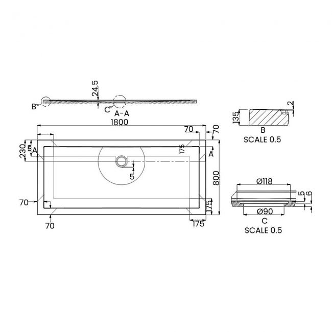 Britton Zamori Anti-Slip Rectangular Shower Tray 1800mm x 800mm  | Dimension Image