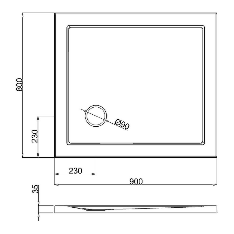 Britton Zamori Rectangular Shower Tray 900mm x 800mm  | Dimension Image