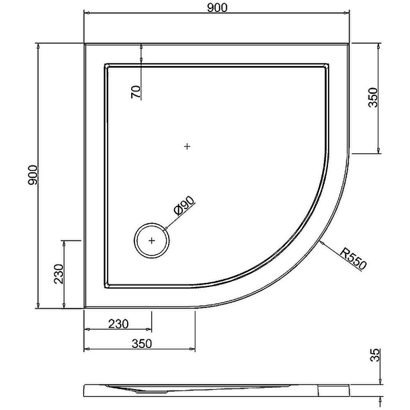Britton Zamori Quadrant Shower Tray 900mm x 900mm  | Dimension Image