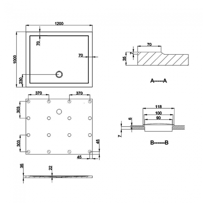 Britton Zamori Rectangular Shower Tray 1200mm x 1000mm  | Dimension Image