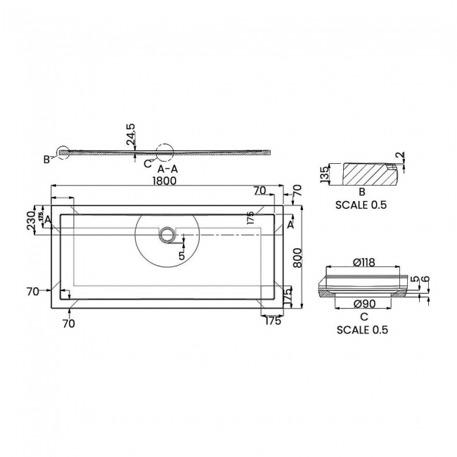 Britton Zamori Rectangular Shower Tray 1800mm x 800mm  | Dimension Image