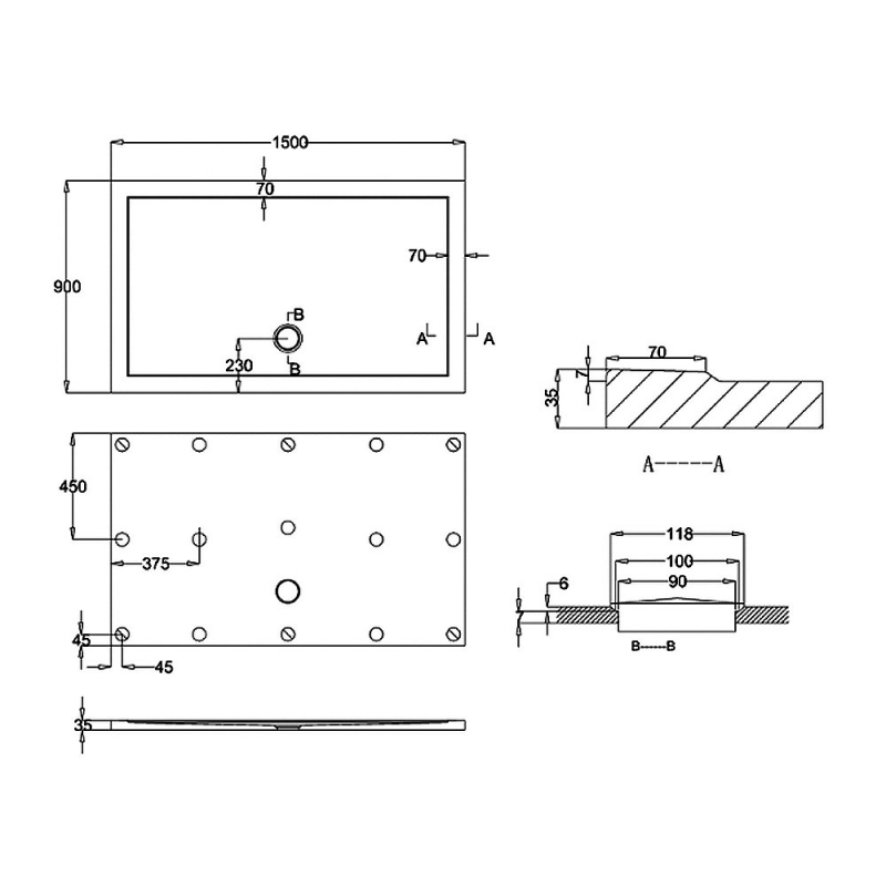 Britton Zamori Anti-Slip Rectangular Shower Tray 1500mm x 900mm  | Dimension Image