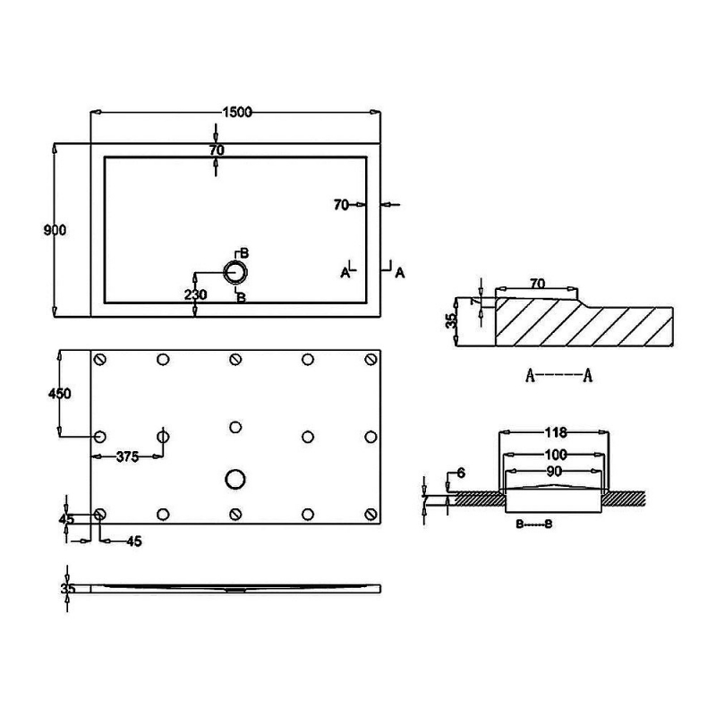 Britton Zamori Rectangular Shower Tray 1500mm x 900mm  | Dimension Image