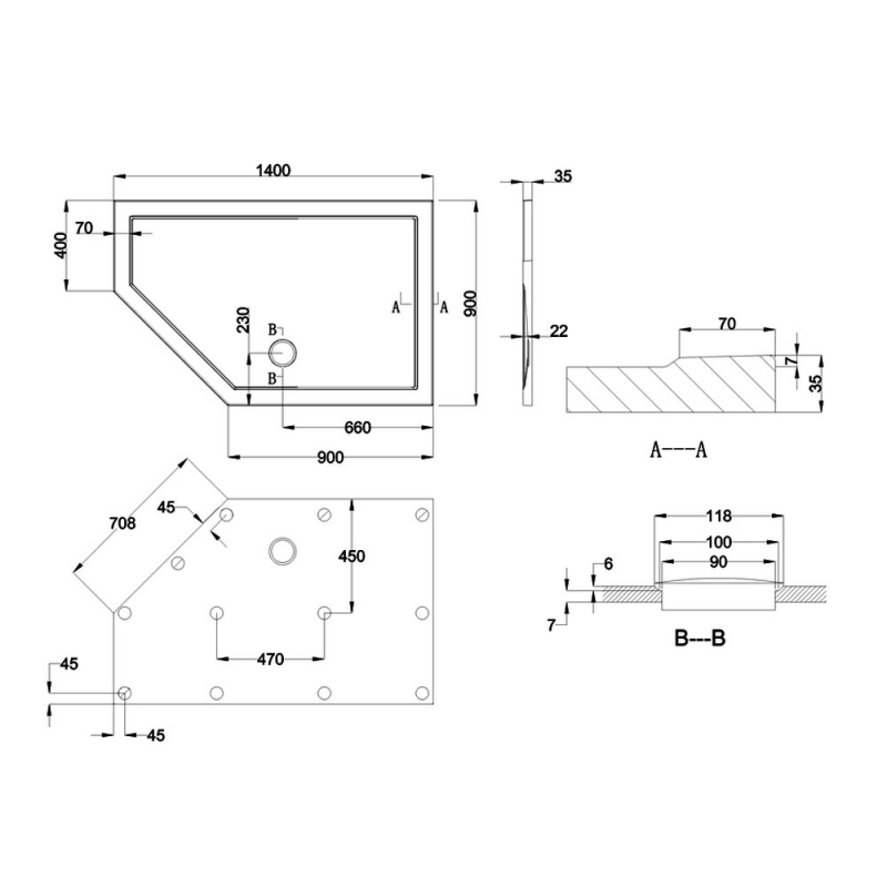 Britton Zamori LH Pentagonal Shower Tray 1400mm x 900mm Z1401
