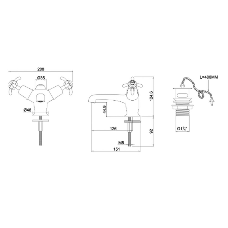 Burlington Anglesey Mono Basin Mixer Tap Dual Handle with Plug and Chain Waste - Chrome