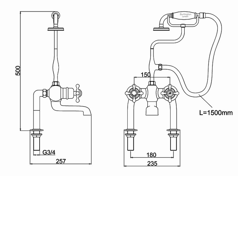 Burlington Anglesey Bath Shower Mixer T2DB+T2 Pillar Mounted Chrome